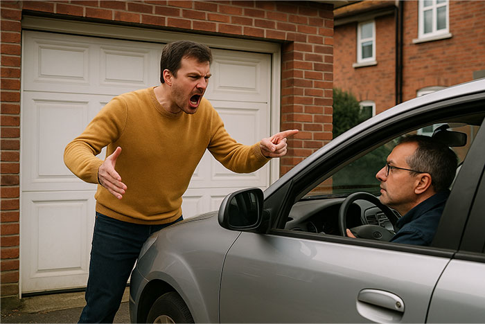 Man angrily blocking garage and swearing at driver, leading to job applications sent in his name online.