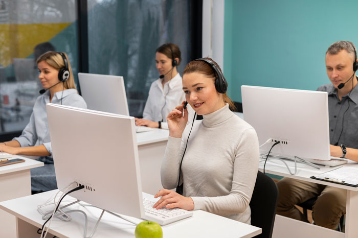 Employee working at office desk with headset, focused on computer, reflecting workplace frustration and laptop sabotage risk.