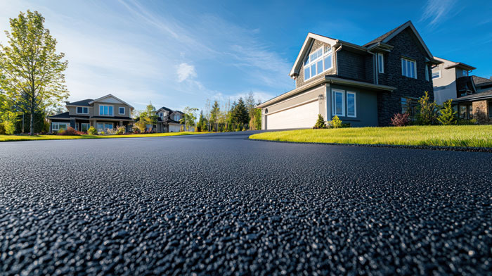 Suburban neighborhood with freshly paved street and modern houses under clear blue sky on a sunny day.